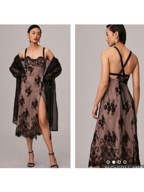 Anthropologie Nude Black Lace Overlay Side Slit Slip Dress Size L